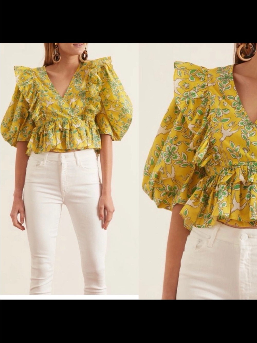 Rhode Elodie Top Cropped Ruffled Yellow Floral Size Small